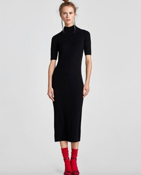 Ribbed Knit Midi Black Dress